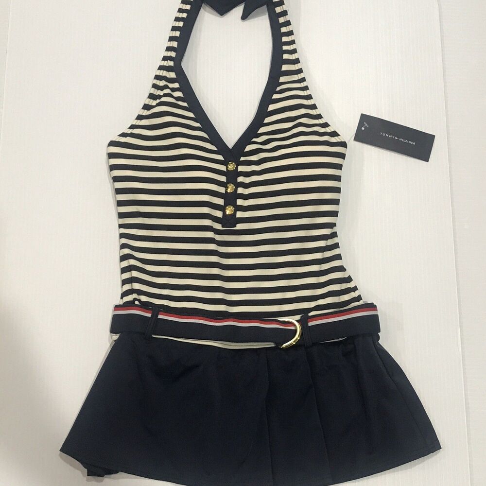 Tommy Hilfiger Striped Belted Tennis Club Swimdress Navy Blue Halter 8
